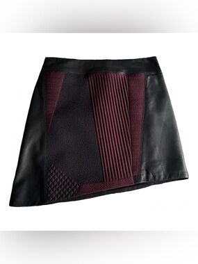 Helmut Lang Black & Deep Plum Quilted Panel Lamb Leather Asymmetrical Mini Skirt